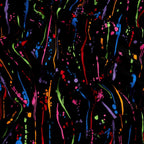 Paint splatters and drops in orange lime green blue red purple magenta on black fabric for modern quilts and patchwork sewing projects