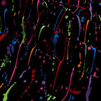 Rainbow paint splatters and drops on black fabric for modern quilts and patchwork sewing projects