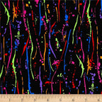 Rainbow paint splatters on black fabric for modern quilts and patchwork sewing projects
