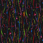 Rainbow retro paint splatters on black fabric for modern quilts and patchwork sewing projects