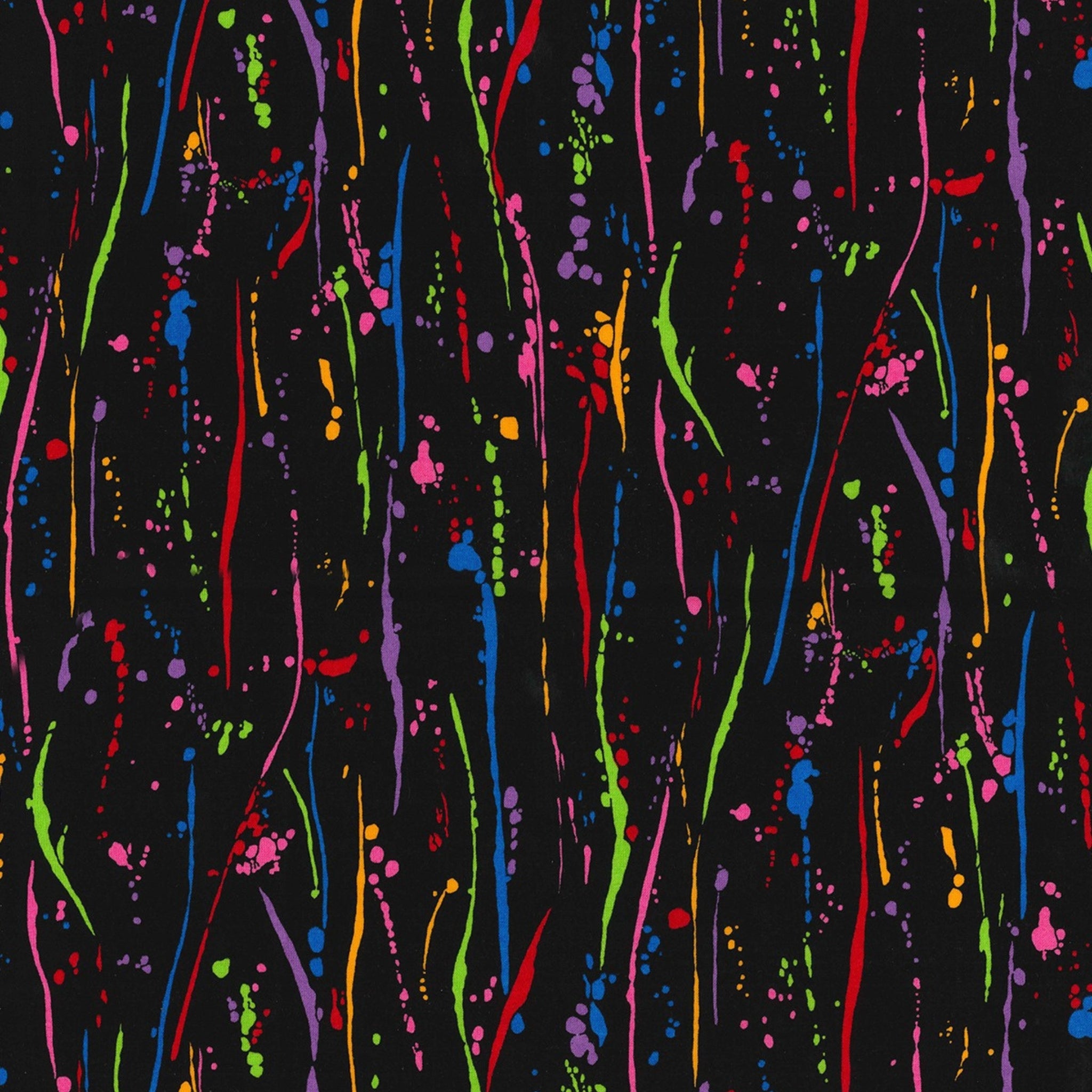 Rainbow retro paint splatters on black fabric for modern quilts and patchwork sewing projects