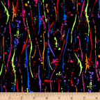 Rainbow paint splatters on black fabric for modern quilts and patchwork sewing projects
