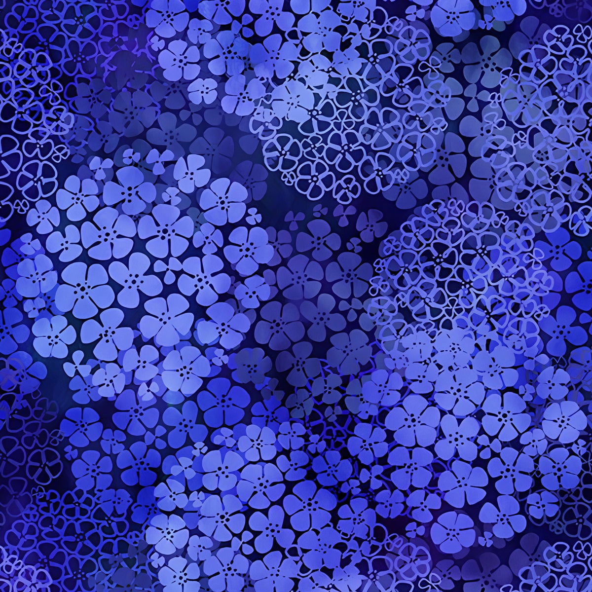 Packed clusters of small five-petal flowers cobalt periwinkle navy blue floral blender quilting fabric patchwork sewing projects