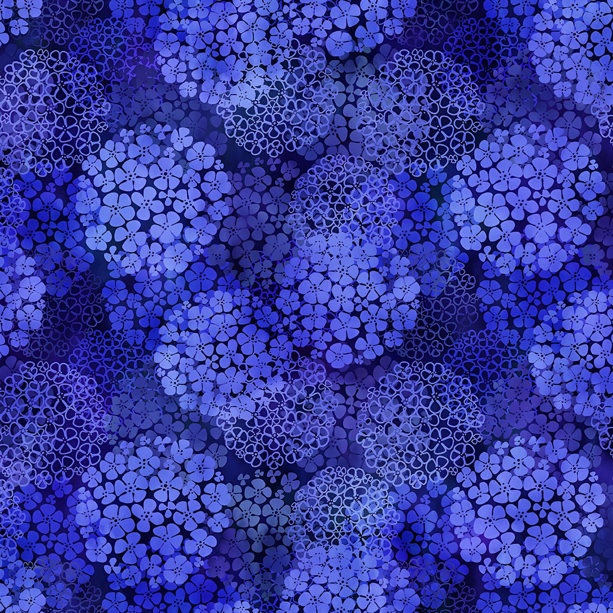 Packed clusters of small five-petal flowers cobalt periwinkle navy blue floral blender quilting fabric patchwork sewing projects