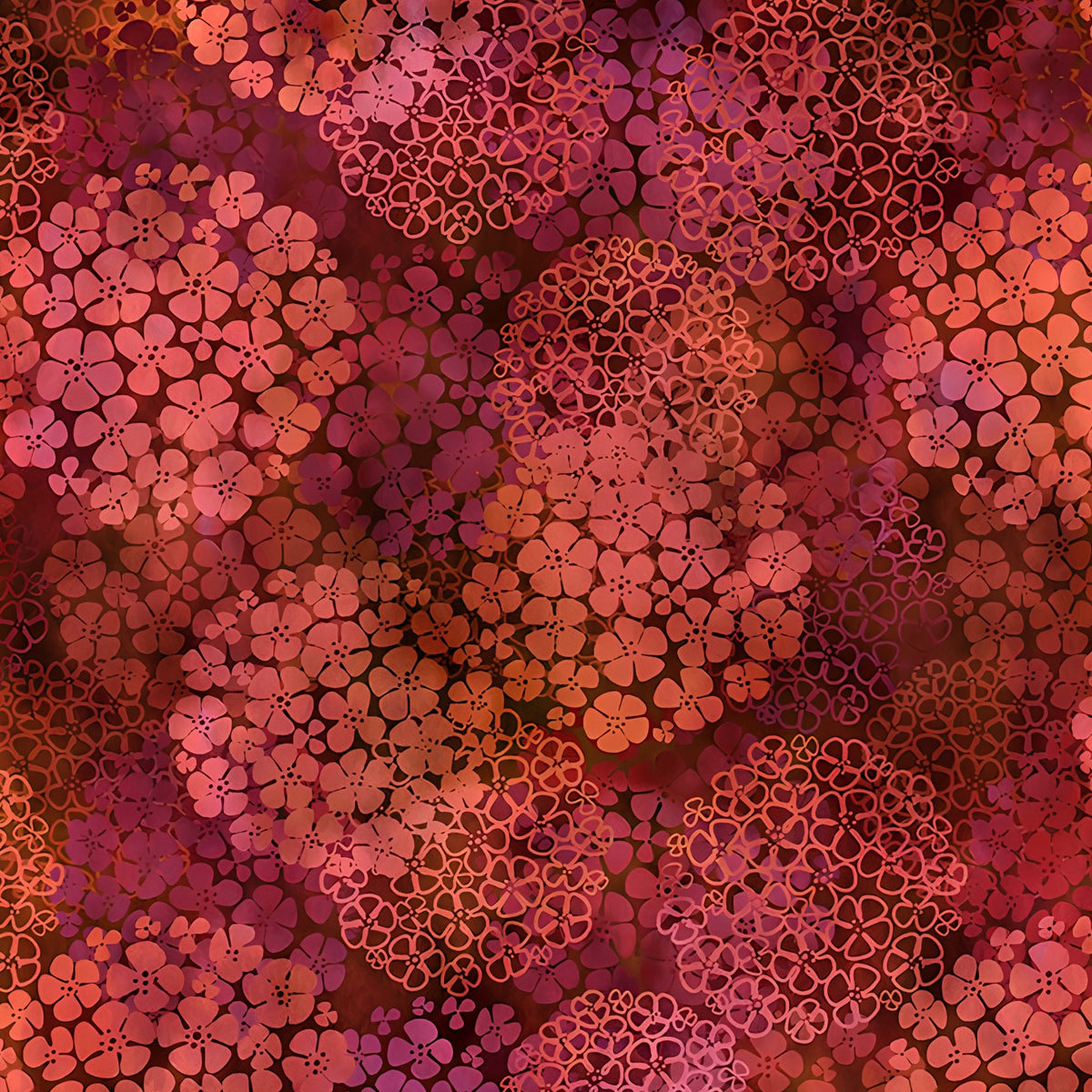Packed clusters of small five-petal flowers coral orange burgundy red spice floral blender quilting fabric patchwork sewing projects