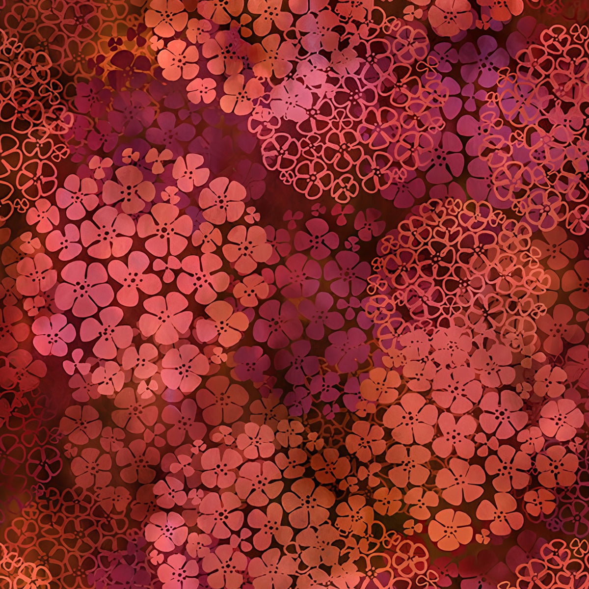 Packed clusters of small five-petal flowers coral orange burgundy red spice floral blender quilting fabric patchwork sewing projects