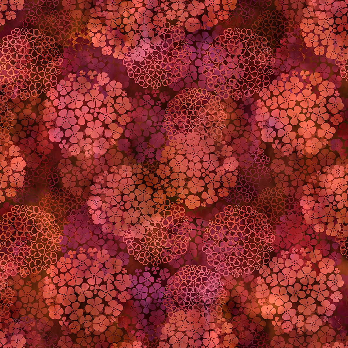 Packed clusters of small five-petal flowers coral orange burgundy red spice floral blender quilting fabric patchwork sewing projects