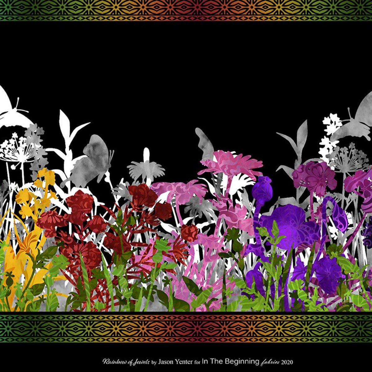 Jewel-toned wildflower border stripe purple red orange pink yellow flowers butterfly dragonfly silhouettes black background quilting fabric patchwork sewing projects