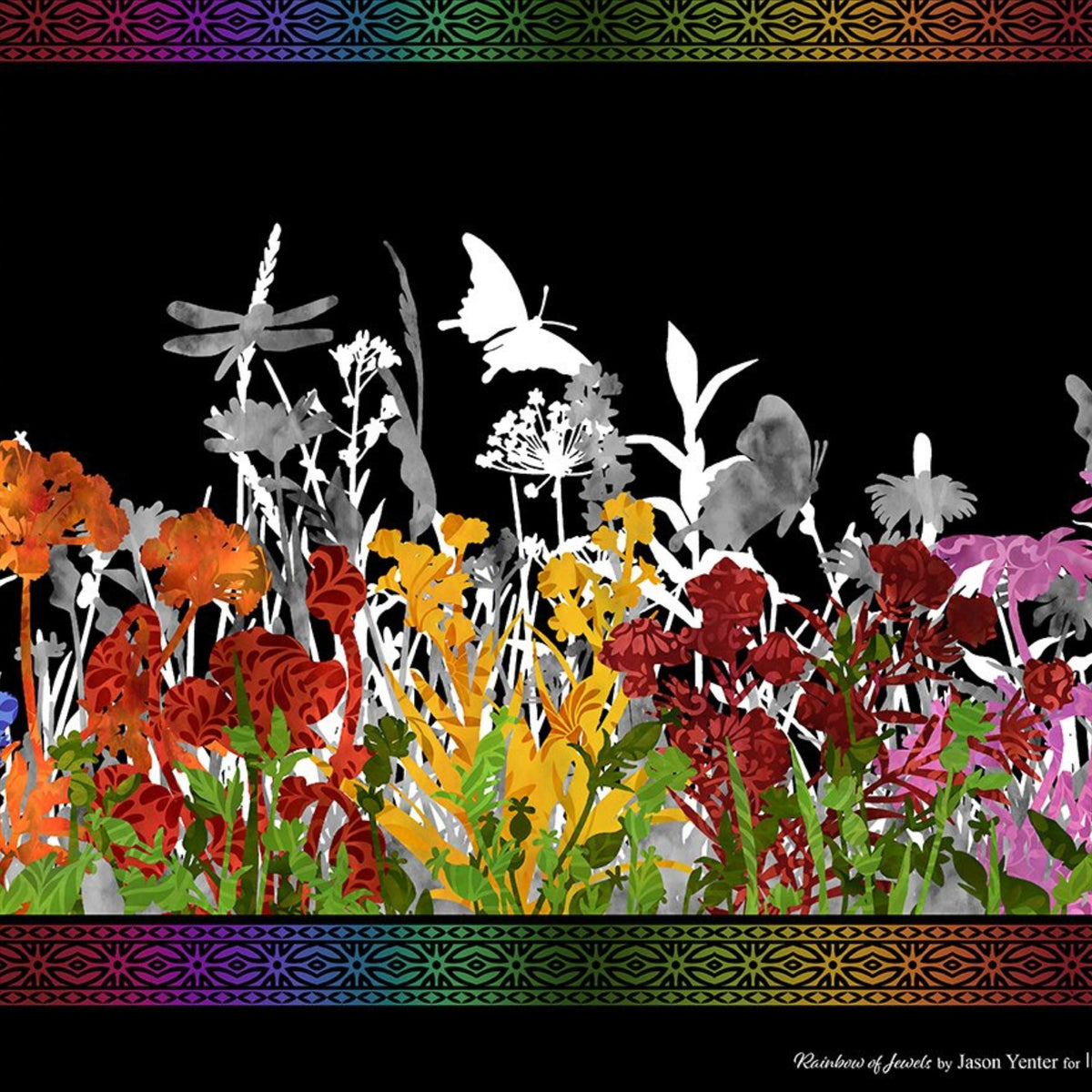 Jewel-toned wildflower border stripe purple red orange pink yellow flowers butterfly dragonfly silhouettes black background quilting fabric patchwork sewing projects