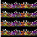 Jewel-toned wildflower border stripe purple red orange pink yellow flowers butterfly dragonfly silhouettes black background quilting fabric patchwork sewing projects