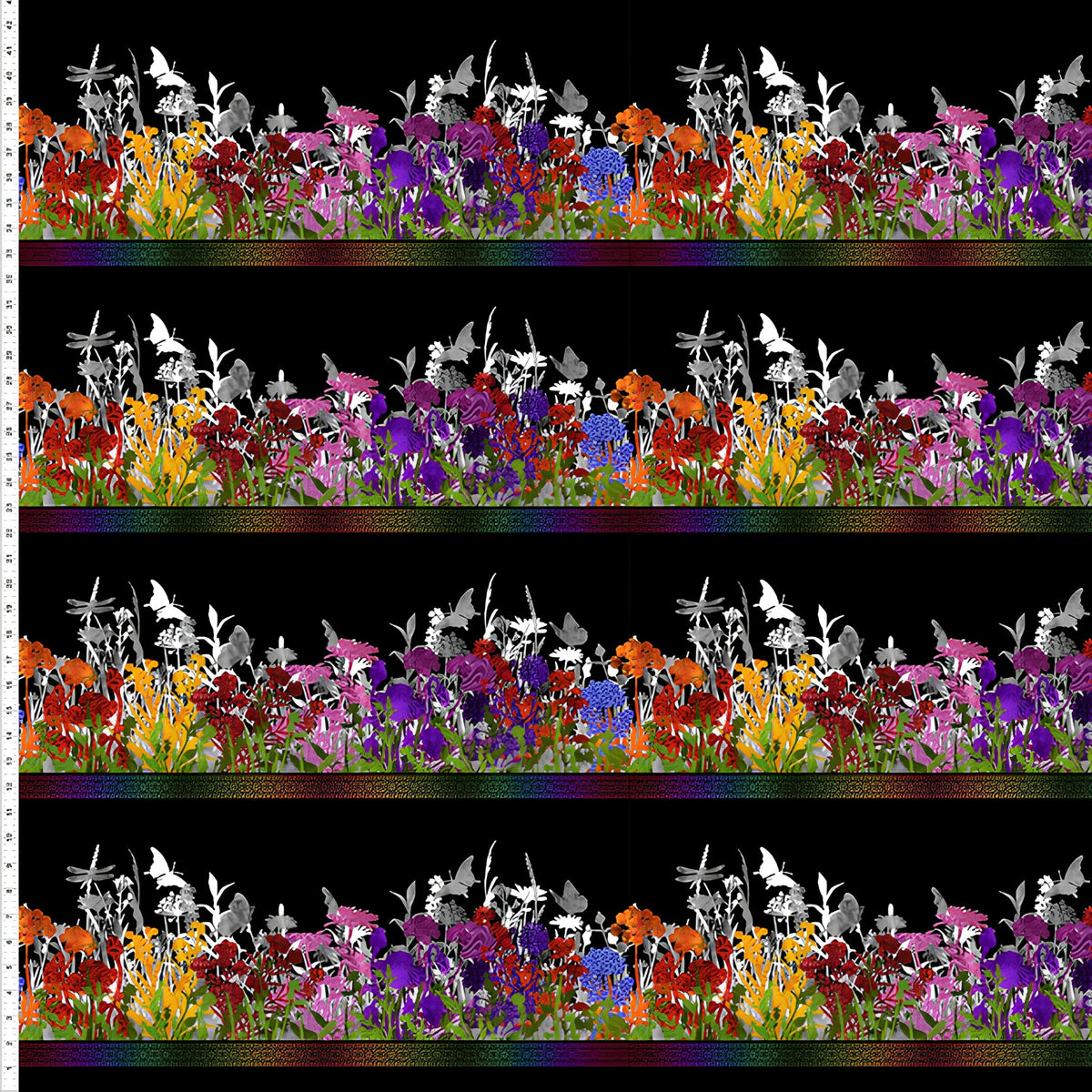 Jewel-toned wildflower border stripe purple red orange pink yellow flowers butterfly dragonfly silhouettes black background quilting fabric patchwork sewing projects