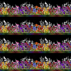 Jewel-toned wildflower border stripe purple red orange pink yellow flowers butterfly dragonfly silhouettes black background quilting fabric patchwork sewing projects