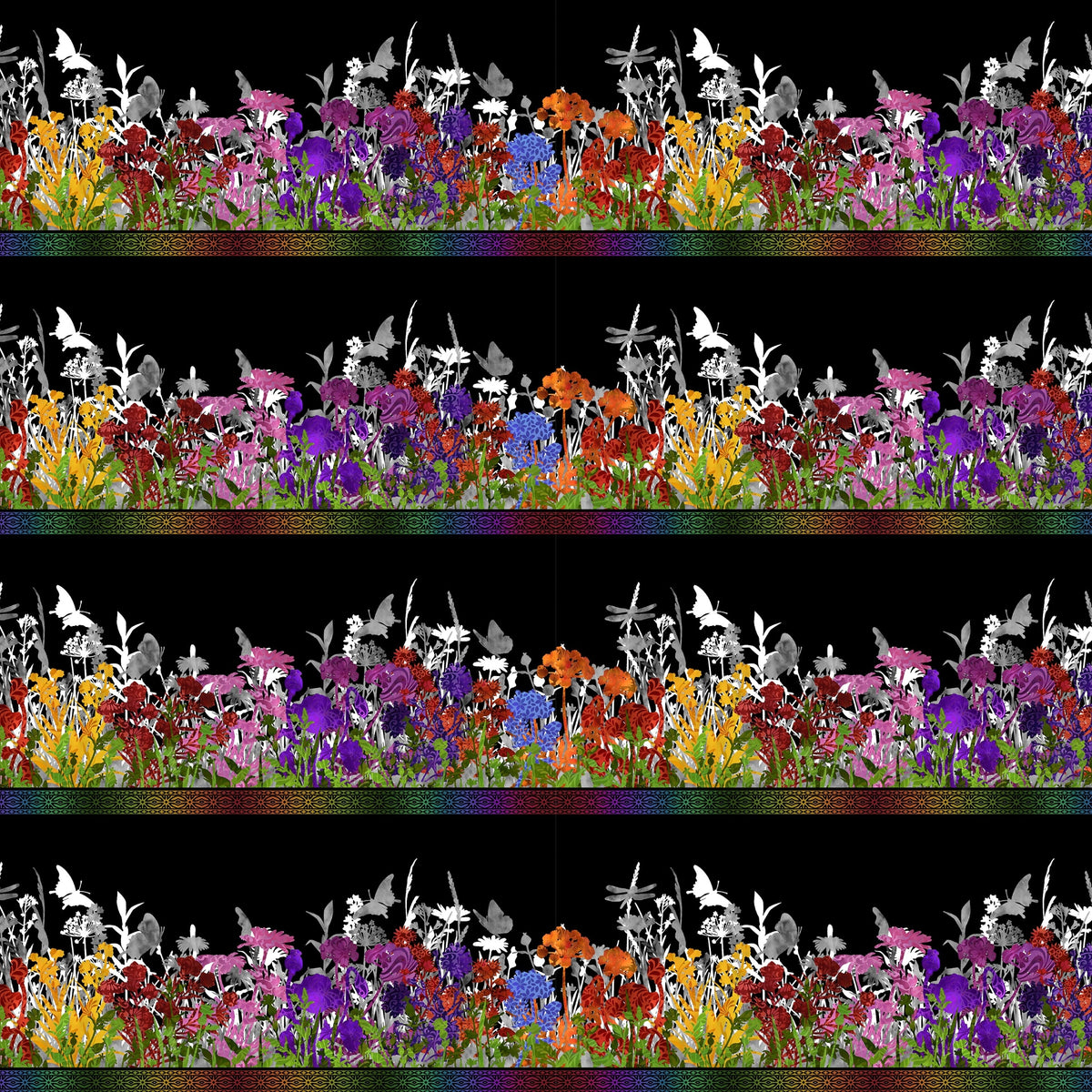 Jewel-toned wildflower border stripe purple red orange pink yellow flowers butterfly dragonfly silhouettes black background quilting fabric patchwork sewing projects
