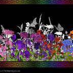 Jewel-toned wildflower border stripe purple red orange pink yellow flowers butterfly dragonfly silhouettes black background quilting fabric patchwork sewing projects