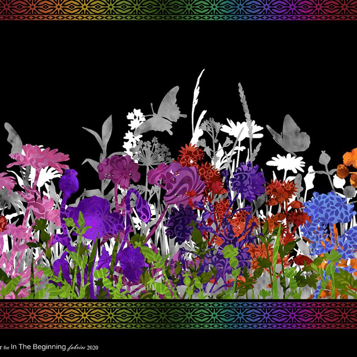 Jewel-toned wildflower border stripe purple red orange pink yellow flowers butterfly dragonfly silhouettes black background quilting fabric patchwork sewing projects