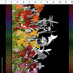Jewel-toned wildflower border stripe purple red orange pink yellow flowers butterfly dragonfly silhouettes black background quilting fabric patchwork sewing projects