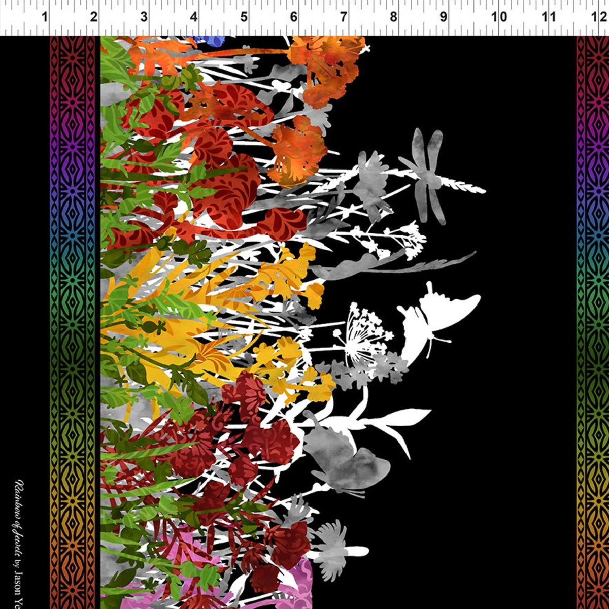 Jewel-toned wildflower border stripe purple red orange pink yellow flowers butterfly dragonfly silhouettes black background quilting fabric patchwork sewing projects