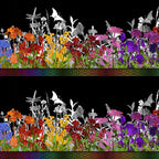 Jewel-toned wildflower border stripe purple red orange pink yellow flowers butterfly dragonfly silhouettes black background quilting fabric patchwork sewing projects