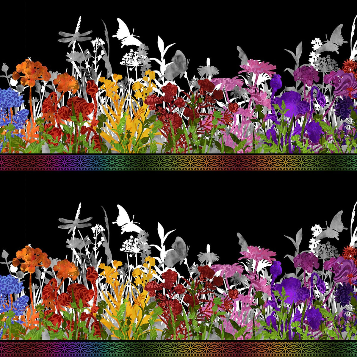 Jewel-toned wildflower border stripe purple red orange pink yellow flowers butterfly dragonfly silhouettes black background quilting fabric patchwork sewing projects