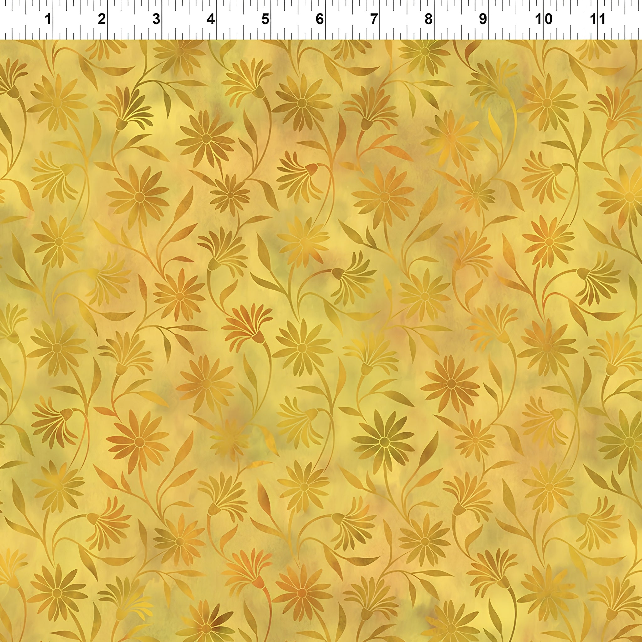 Scattered daisy blooms trailing vines amber golden brown olive gold yellow floral blender quilting fabric patchwork sewing projects