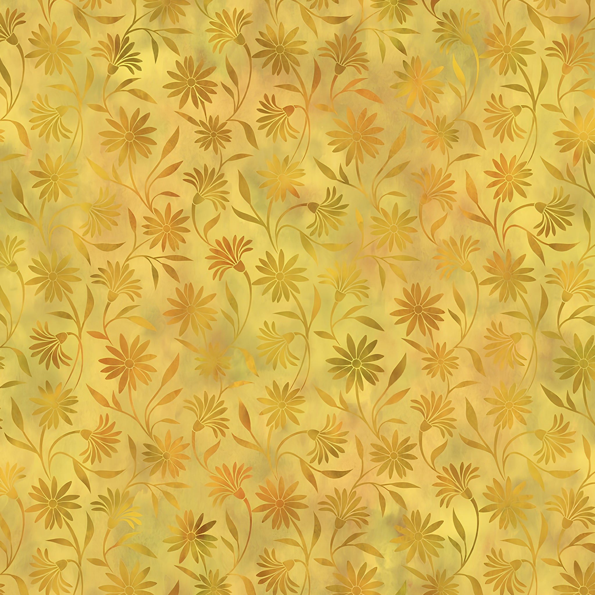Scattered daisy blooms trailing vines amber golden brown olive gold yellow floral blender quilting fabric patchwork sewing projects