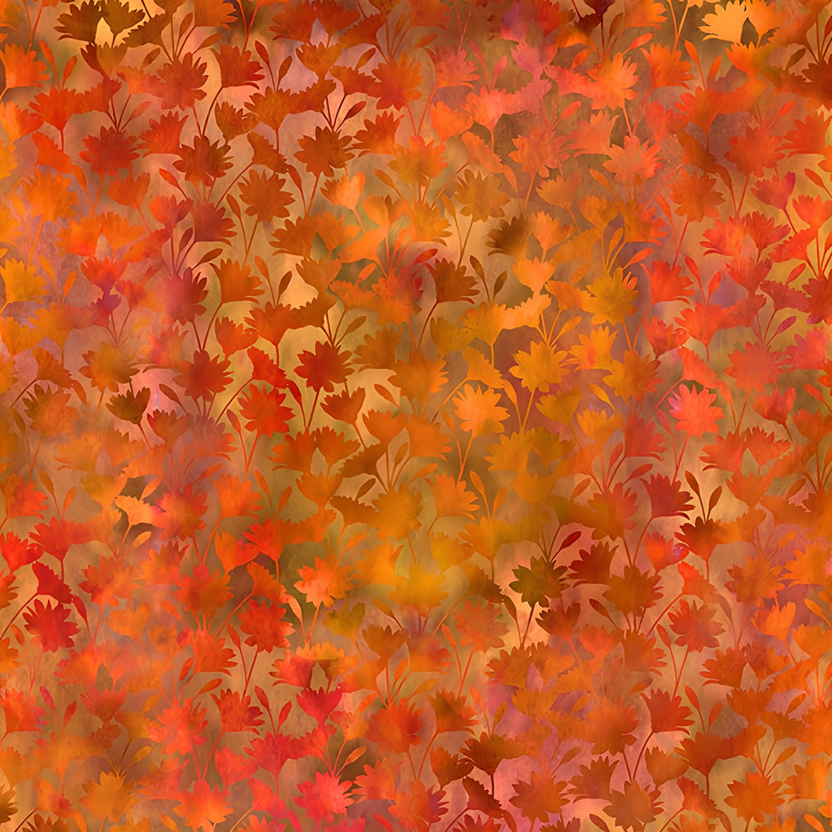 Densely packed carnation style blooms orange red burgundy warm orange floral blender quilting fabric patchwork sewing projects