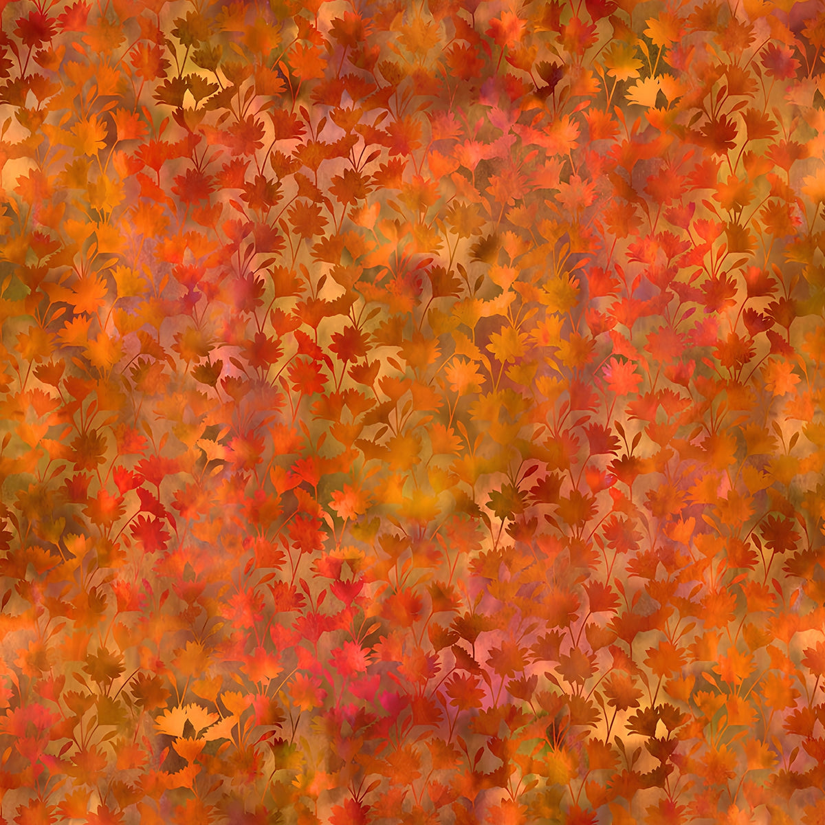 Densely packed carnation style blooms orange red burgundy warm orange floral blender quilting fabric patchwork sewing projects