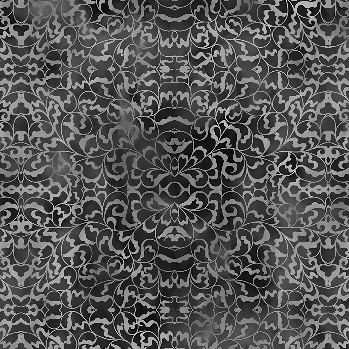 Scrolling filigree damask charcoal grey black blender quilting fabric patchwork sewing projects