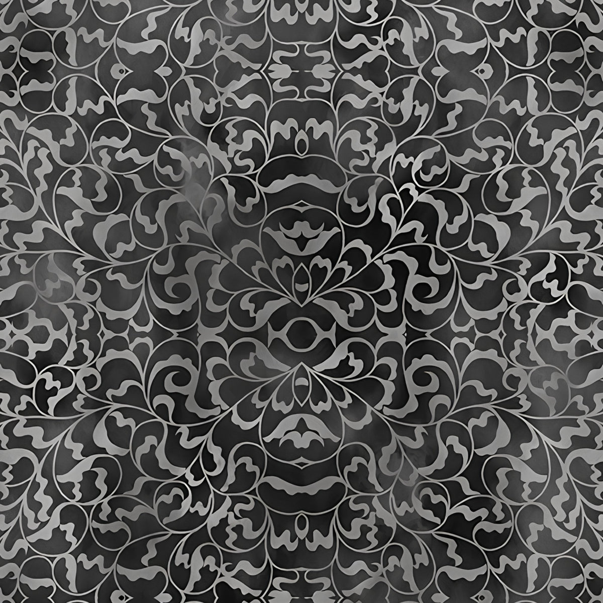 Scrolling filigree damask charcoal grey black blender quilting fabric patchwork sewing projects