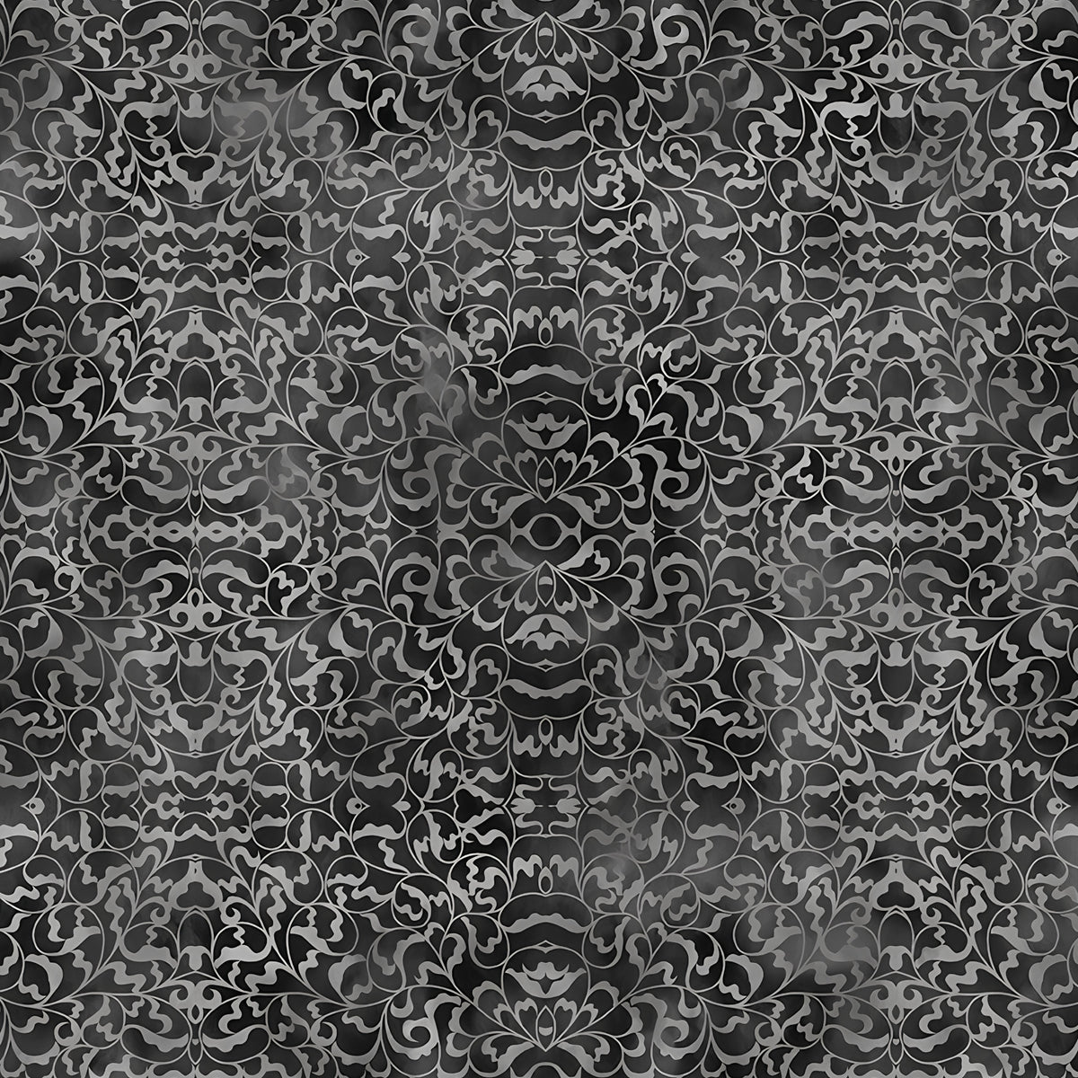 Scrolling filigree damask charcoal grey black blender quilting fabric patchwork sewing projects