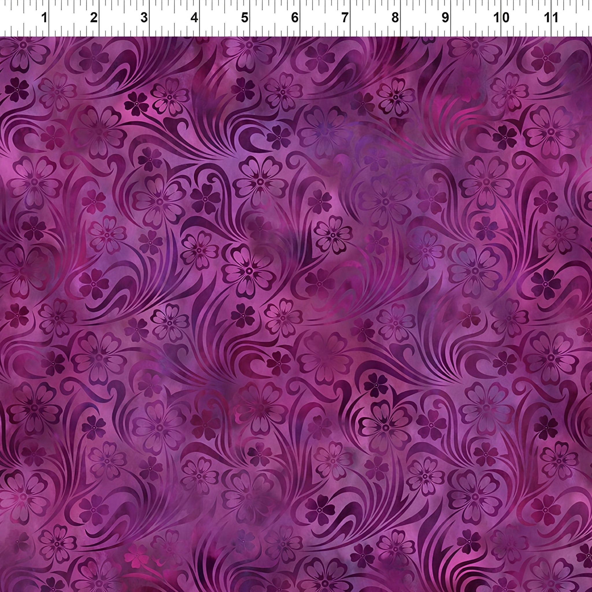 Swirling scrolls five-petal blooms deep violet purple magenta floral blender quilting fabric patchwork sewing projects