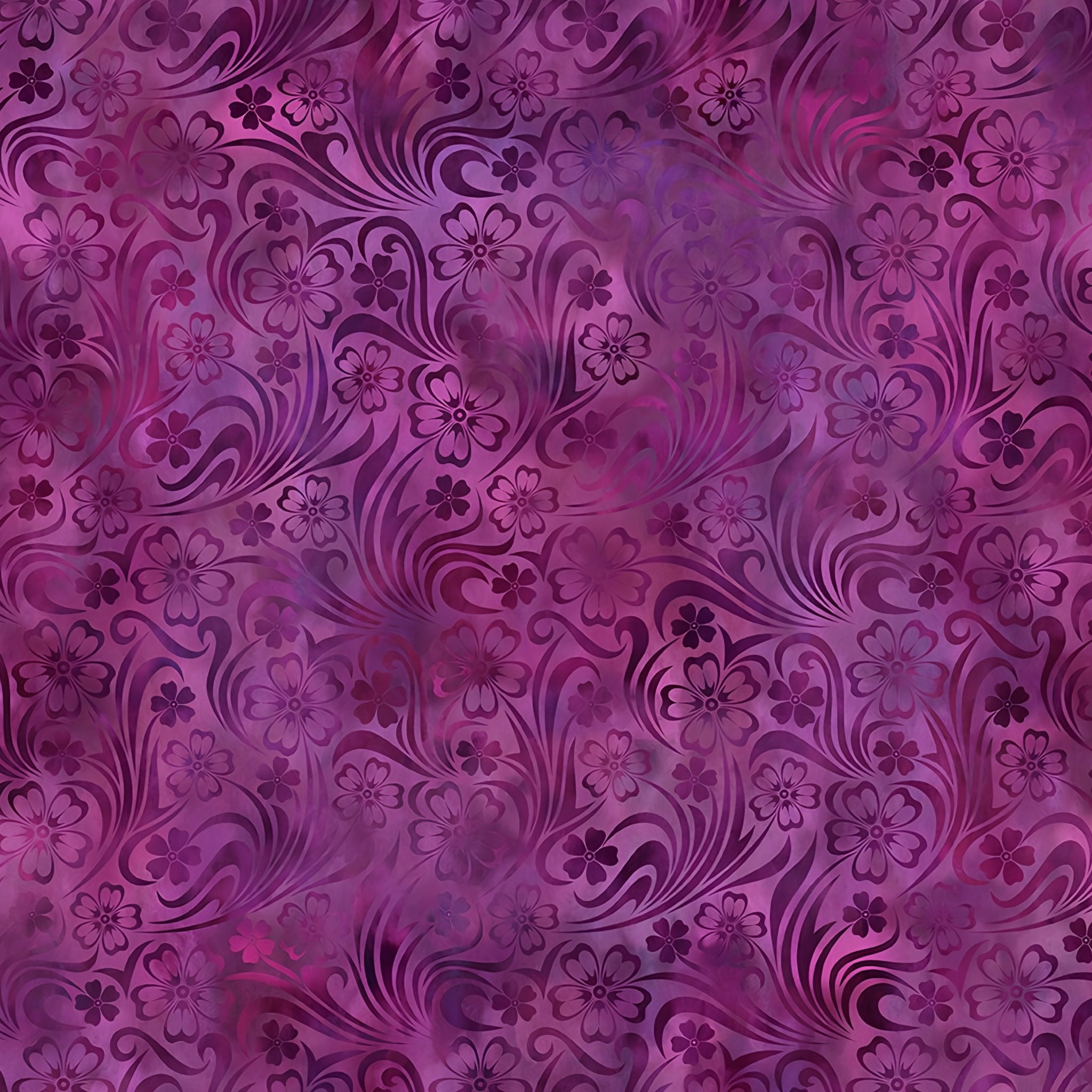 Swirling scrolls five-petal blooms deep violet purple magenta floral blender quilting fabric patchwork sewing projects