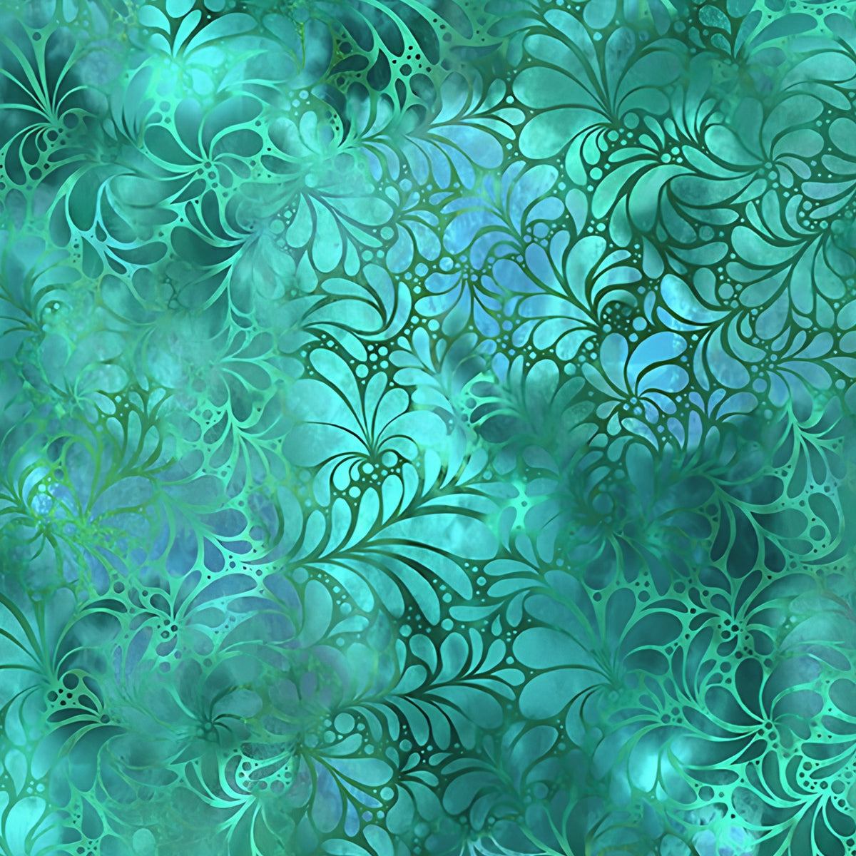 Feathery flourish motifs deep teal aqua turquoise blender quilting fabric patchwork sewing projects