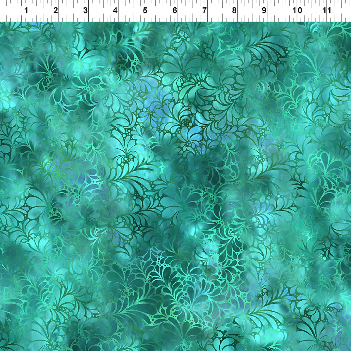 Feathery flourish motifs deep teal aqua turquoise blender quilting fabric patchwork sewing projects