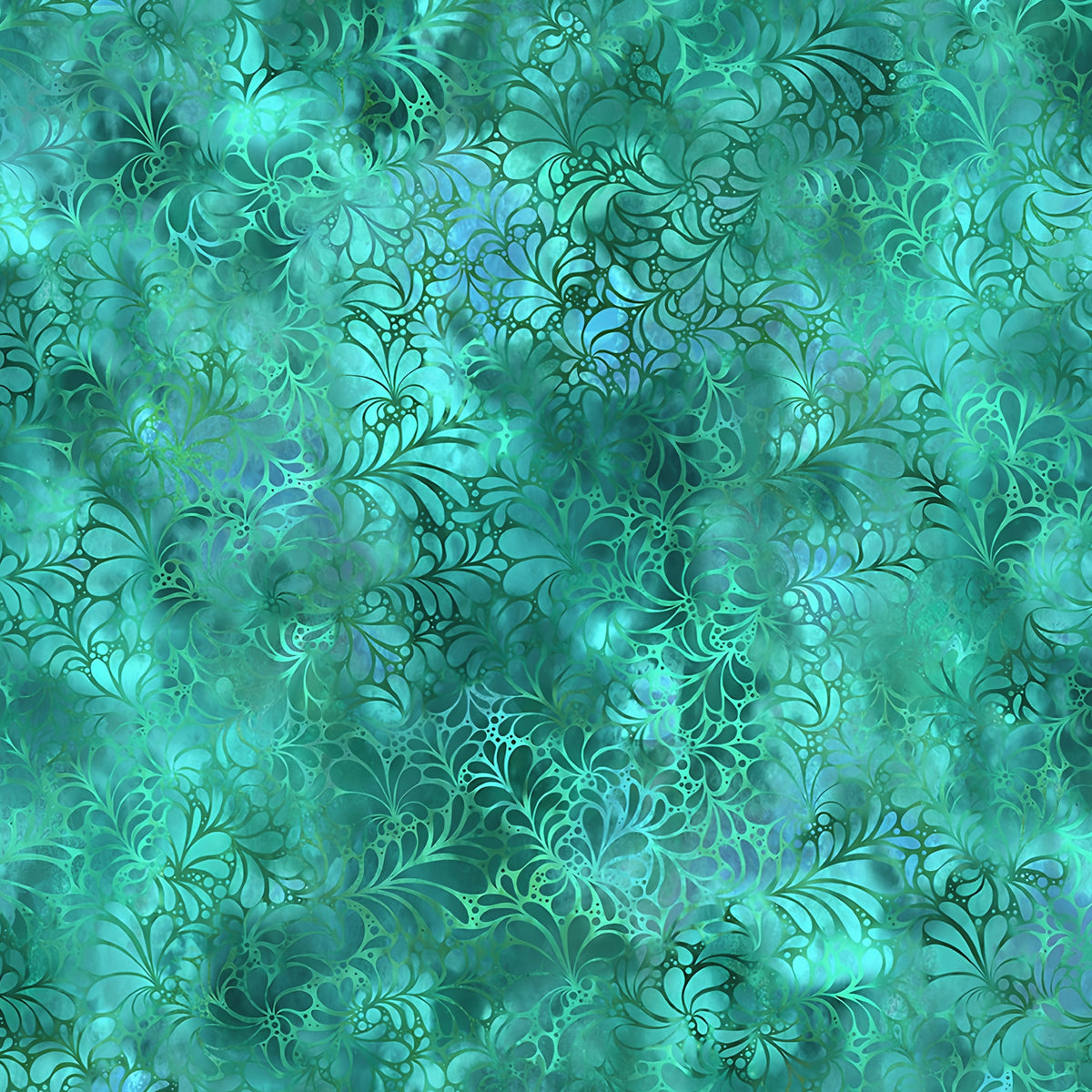 Feathery flourish motifs deep teal aqua turquoise blender quilting fabric patchwork sewing projects