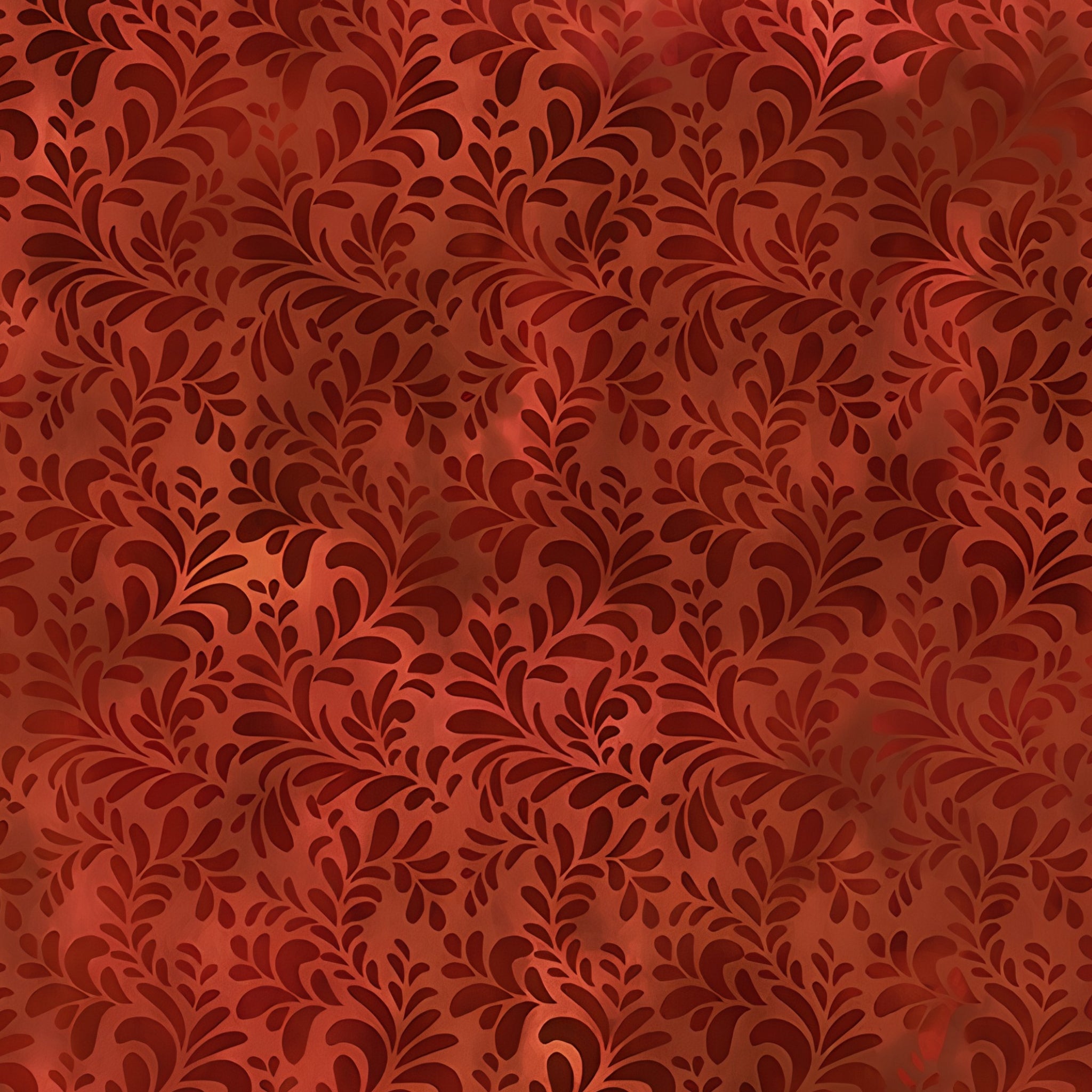 Flowing succulent fronds feathery leaf sprays deep crimson burgundy red orange blender quilting fabric patchwork sewing projects