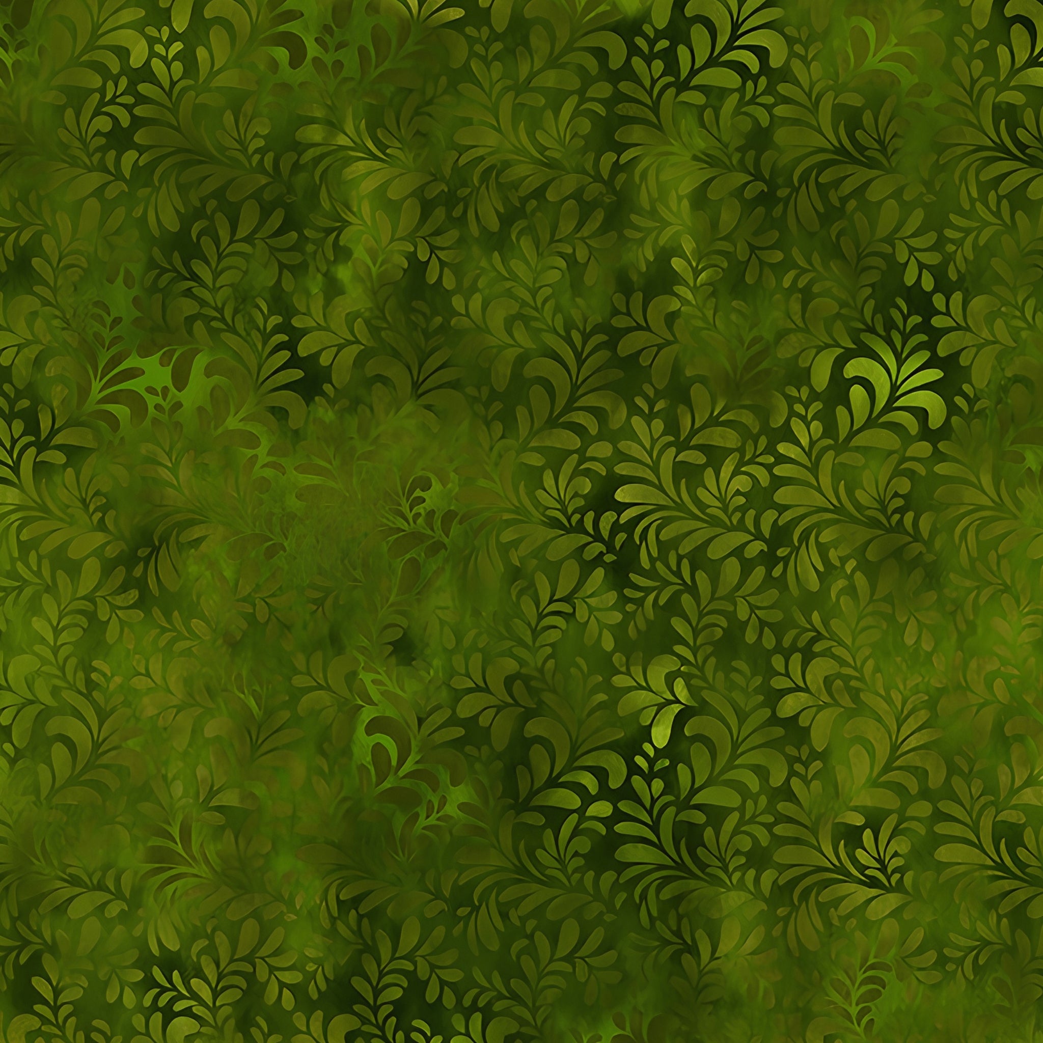 Flowing succulent fronds feathery leaf sprays deep forest olive bright mid-green blender quilting fabric patchwork sewing projects