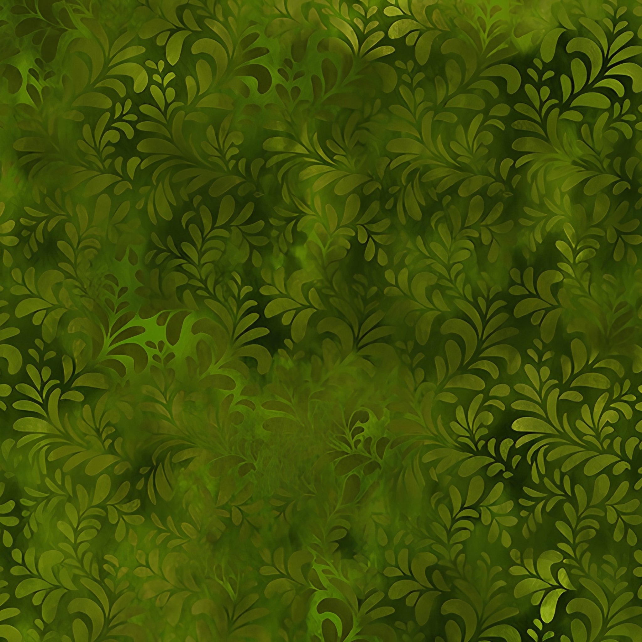 Flowing succulent fronds feathery leaf sprays deep forest olive bright mid-green blender quilting fabric patchwork sewing projects