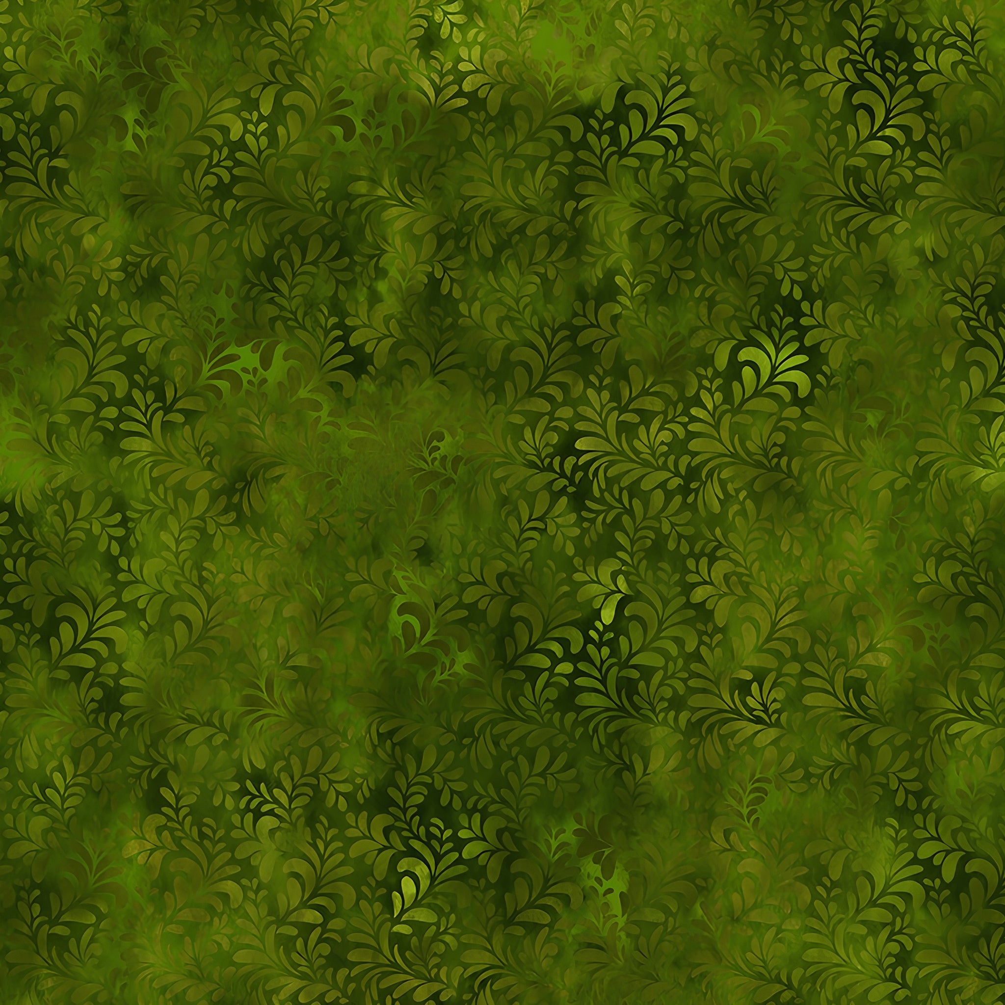 Flowing succulent fronds feathery leaf sprays deep forest olive bright mid-green blender quilting fabric patchwork sewing projects