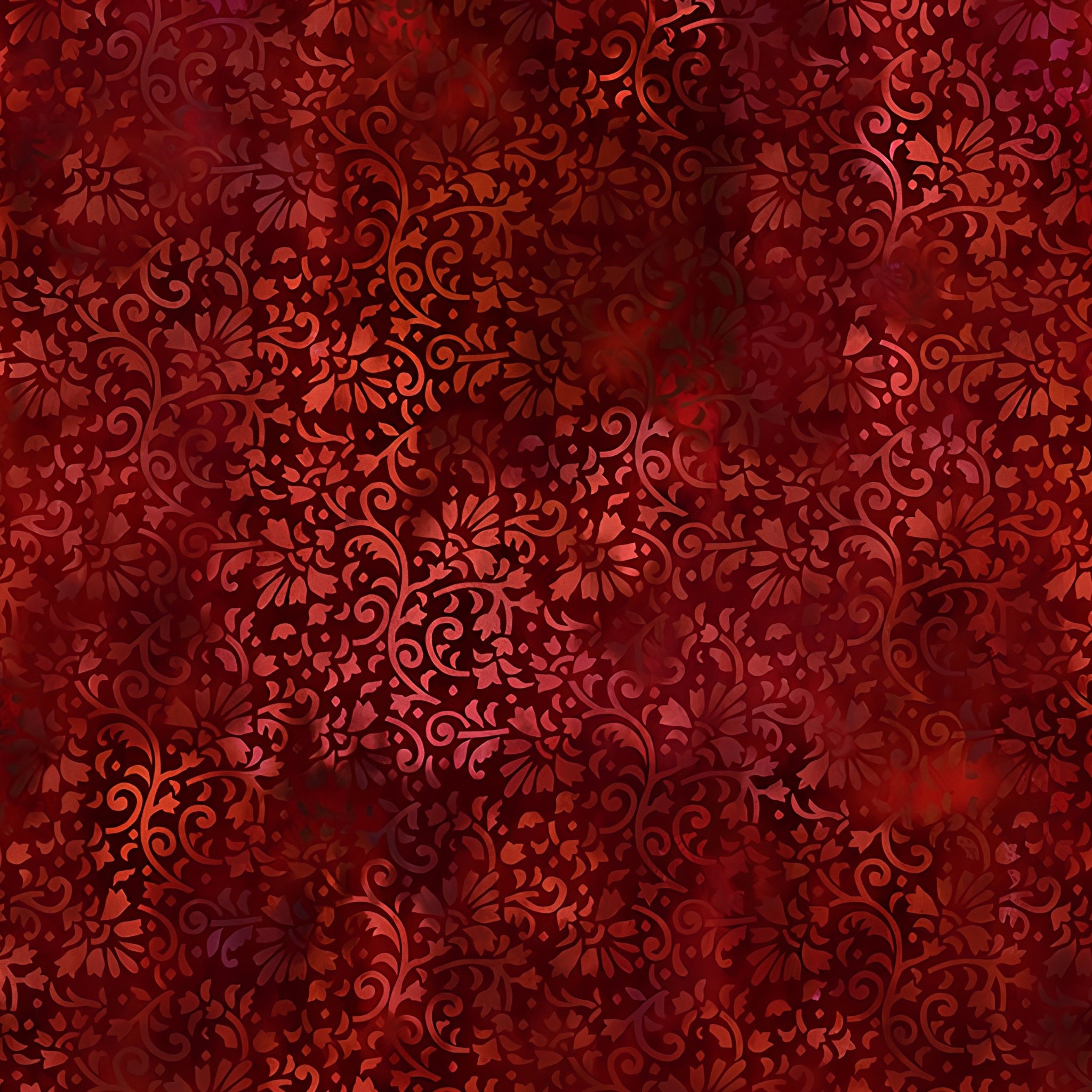 Intricate scrolling vines daisy blooms coral burgundy rich crimson red floral blender quilting fabric patchwork sewing projects