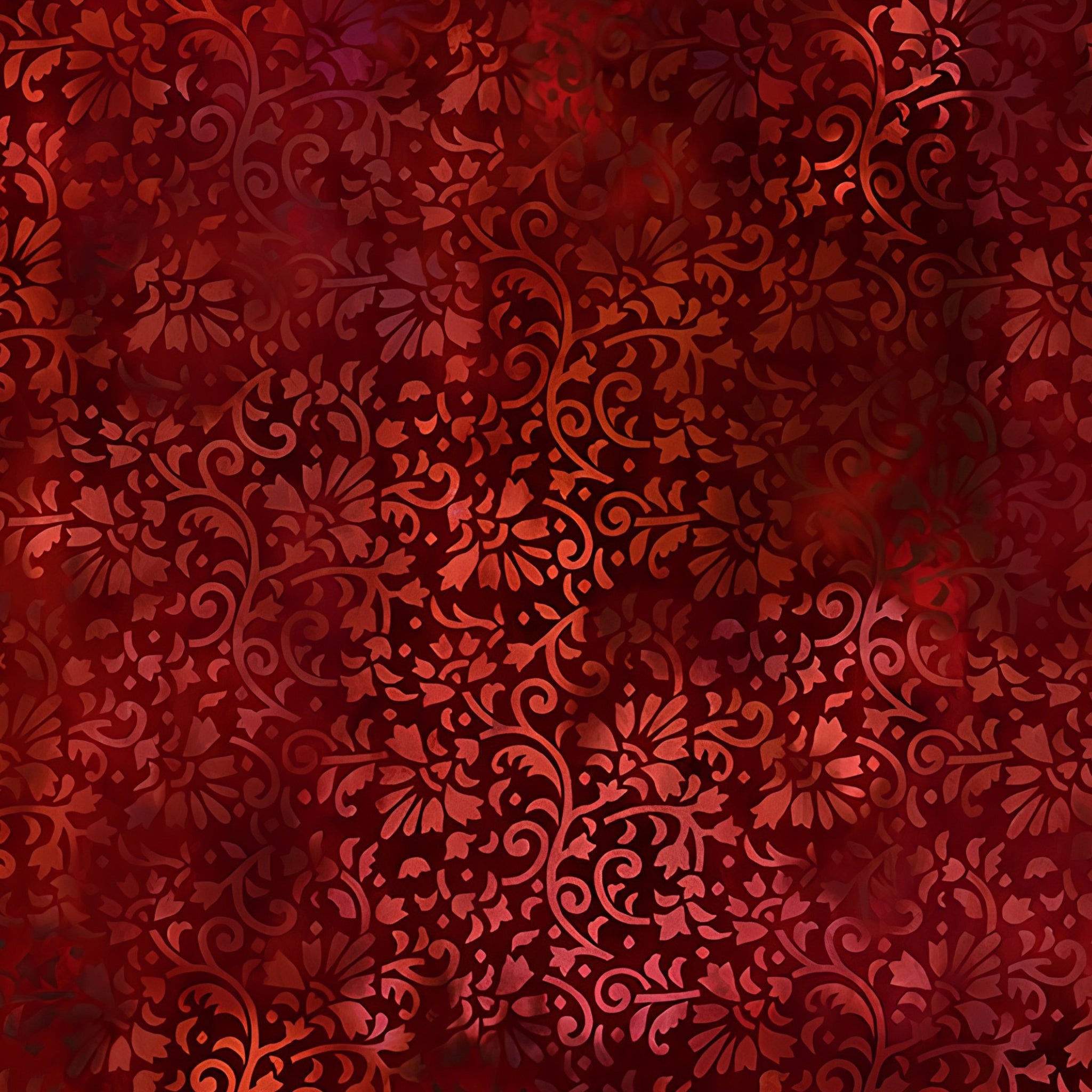 Intricate scrolling vines daisy blooms coral burgundy rich crimson red floral blender quilting fabric patchwork sewing projects