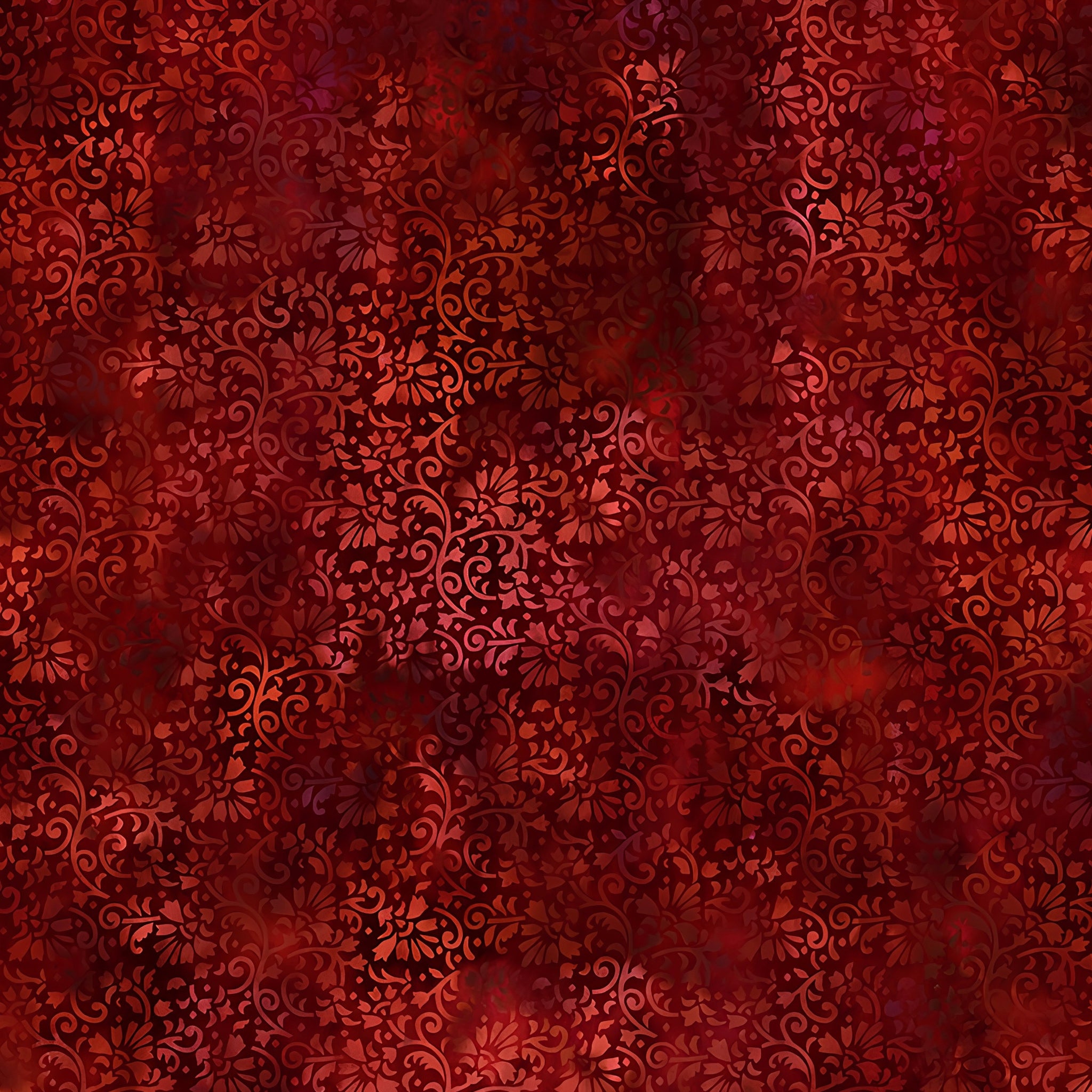 Intricate scrolling vines daisy blooms coral burgundy rich crimson red floral blender quilting fabric patchwork sewing projects