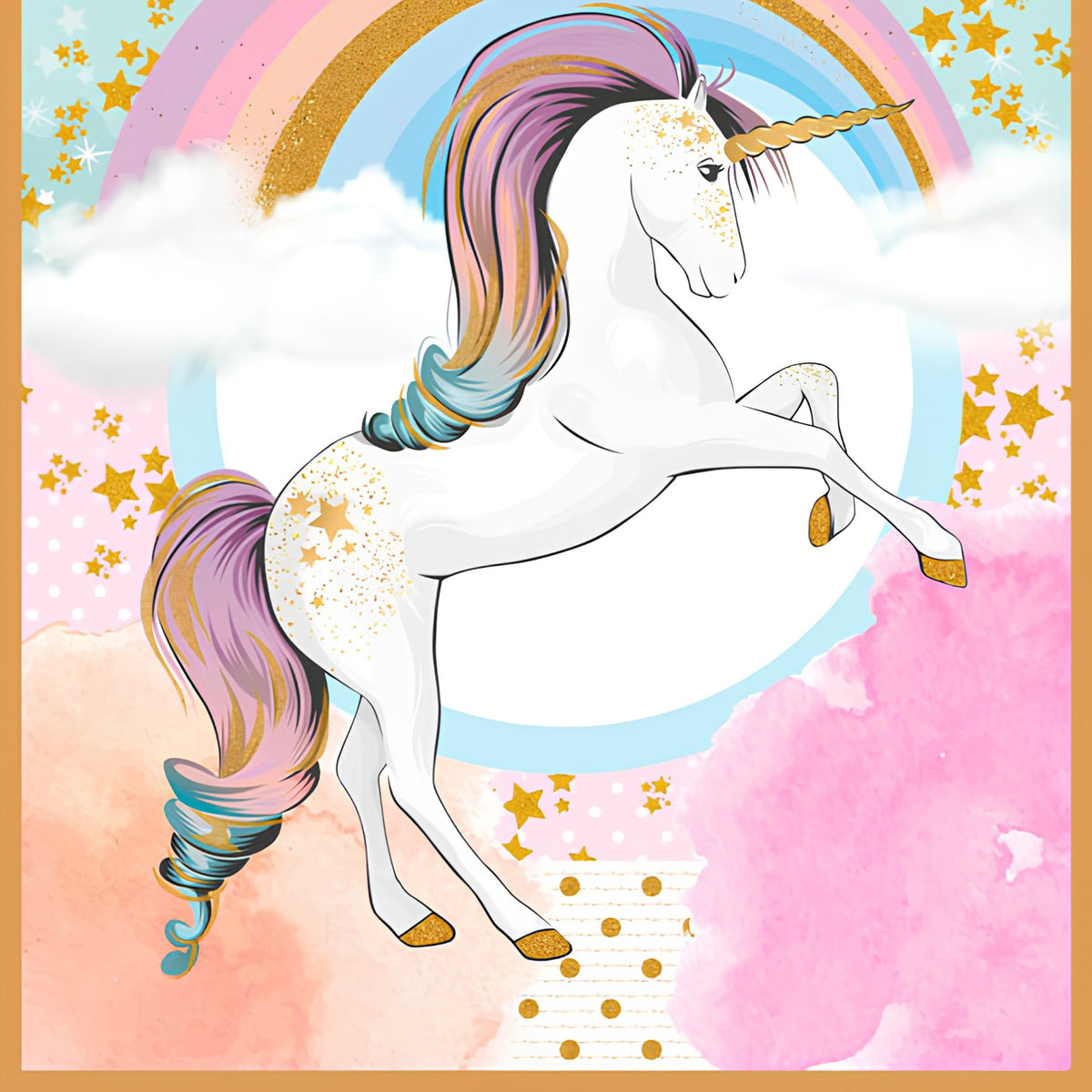 White unicorn rainbow stars pastel pink aqua panel fabric for girls quilts nursery decor and kids patchwork projects
