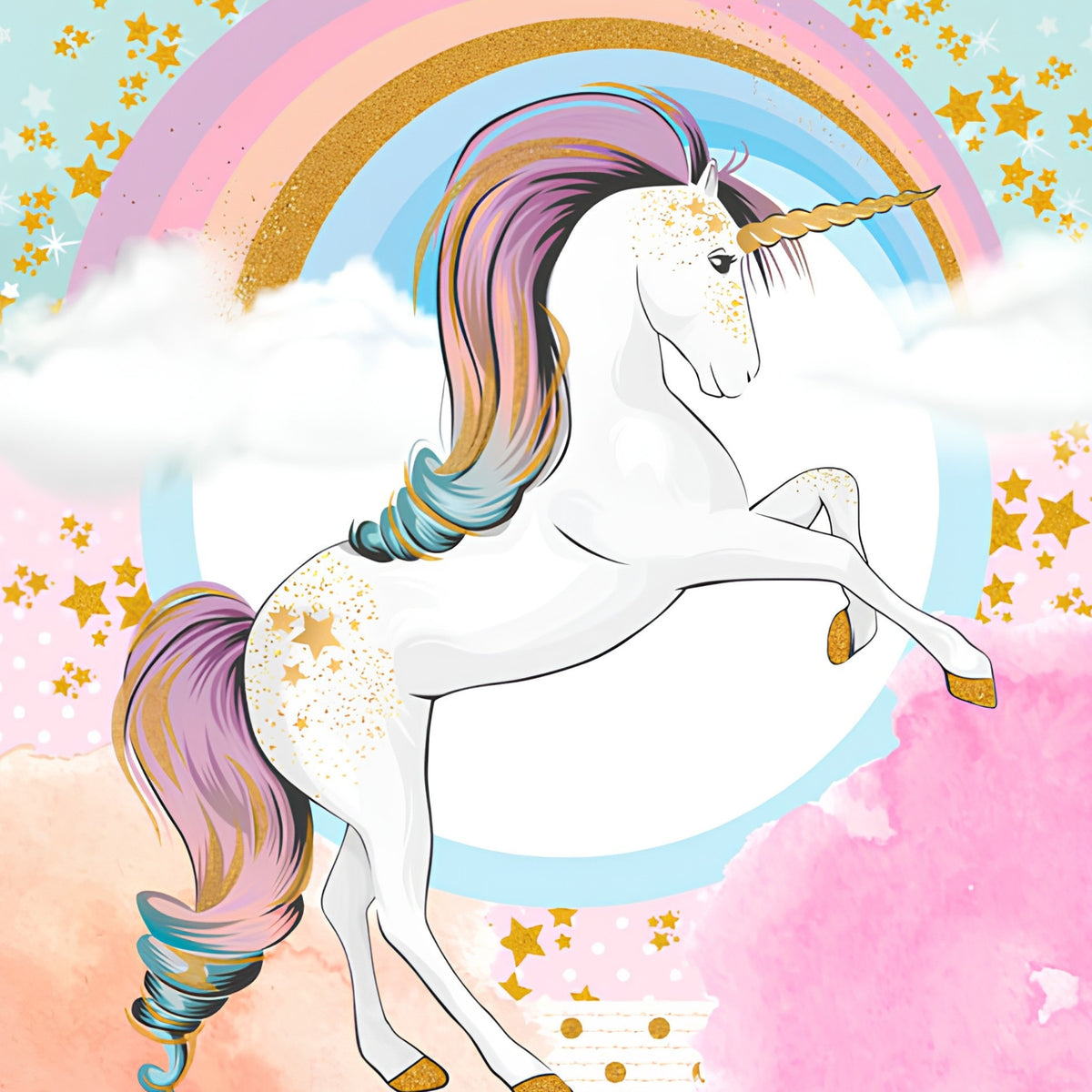 White unicorn rainbow stars pastel pink aqua panel fabric for girls quilts nursery decor and kids patchwork projects