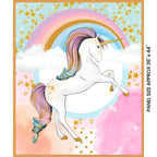 White unicorn rainbow stars pastel pink aqua panel fabric for girls quilts nursery decor and kids patchwork projects