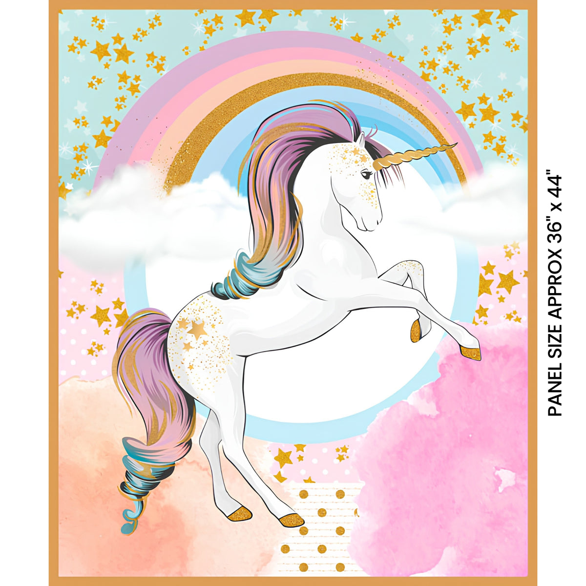 White unicorn rainbow stars pastel pink aqua panel fabric for girls quilts nursery decor and kids patchwork projects