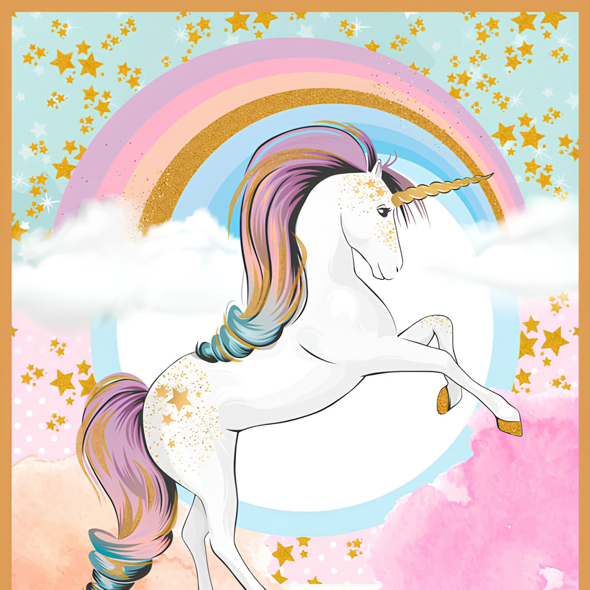 White unicorn rainbow stars pastel pink aqua panel fabric for girls quilts nursery decor and kids patchwork projects