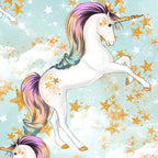 White unicorn rainbow mane gold horn soft blue fabric for girls quilts cushion covers dresses book bags and kids sewing projects