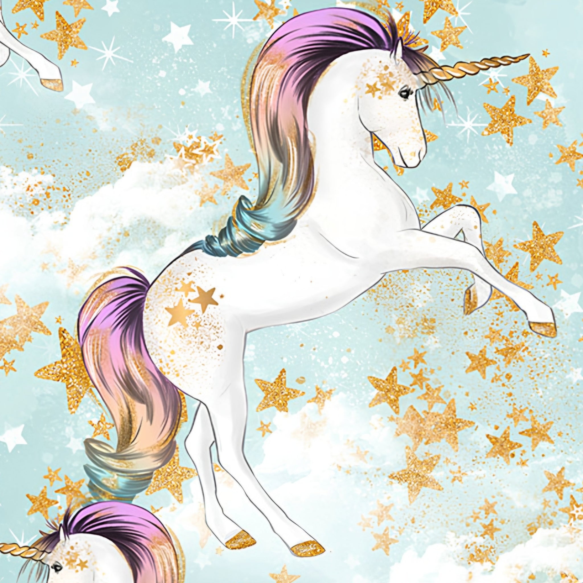 White unicorn rainbow mane gold horn soft blue fabric for girls quilts cushion covers dresses book bags and kids sewing projects