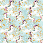 White unicorn rainbow mane gold horn soft blue fabric for girls quilts cushion covers dresses book bags and kids sewing projects